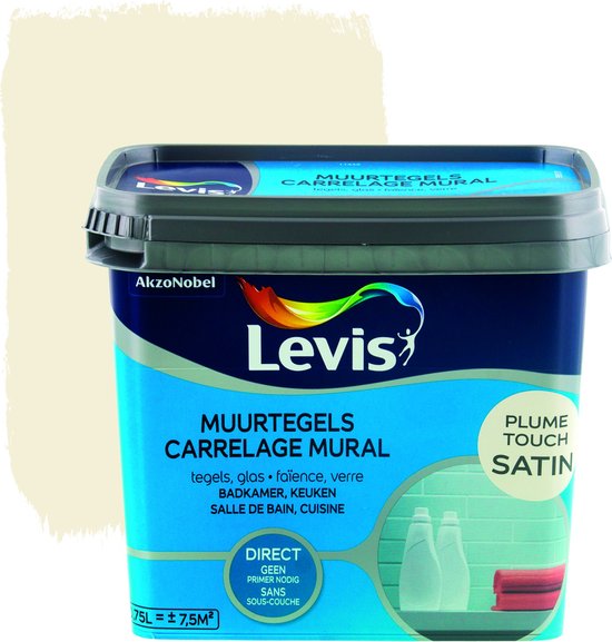 Emmer Levis Muurtegels verf met "Plume Touch Satin" opdruk in een gebroken witte kleur.