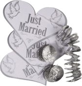 Bruiloft/huwelijkse versiering zilveren spiraal met papieren hart “Just married” – 3 stuks