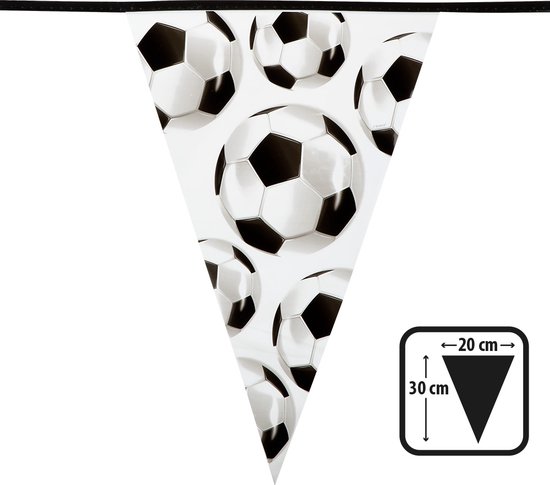 Een enkele vlag van een vlaggenlijn met opdruk van grote en kleine voetballen.