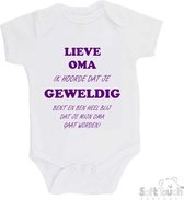 100% katoenen Romper "Lieve oma ik hoorde dat je geweldig bent en ben heel blij dat je mijn oma gaat worden!" Meisjes Katoen Wit/paars Maat 56/62