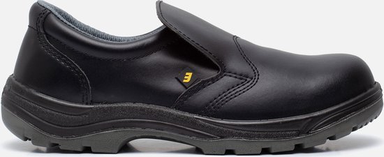 Mocassin noir en cuir pour chaussures de sécurité Safety Jogger, vue latérale.