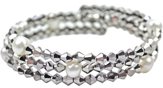 Zoetwater parel armband Pearl W Metalic Silver - echte parels - wit - zilver - kristallen - wikkelarmband