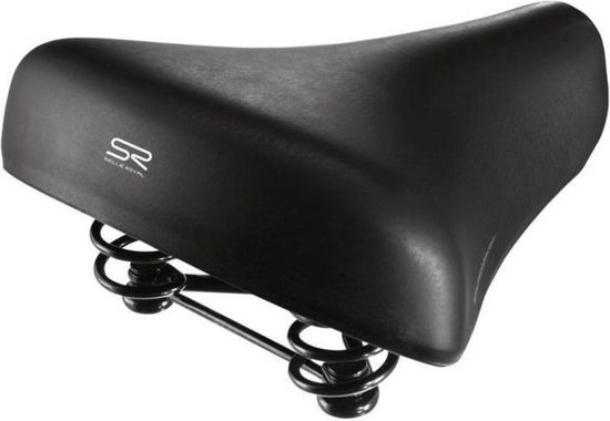 Zwart fietszadel met vering en Selle Royal logo, zijkant view.