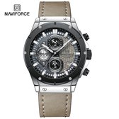 NAVIFORCE horloge voor mannen, met grijze lederen polsband, grijze en zwarte horlogekast en grijze + wijzerplaat met in het donker oplichtende wijzers ( model 8027L SGYSGY ), verpakt in een mooie geschenkdoos