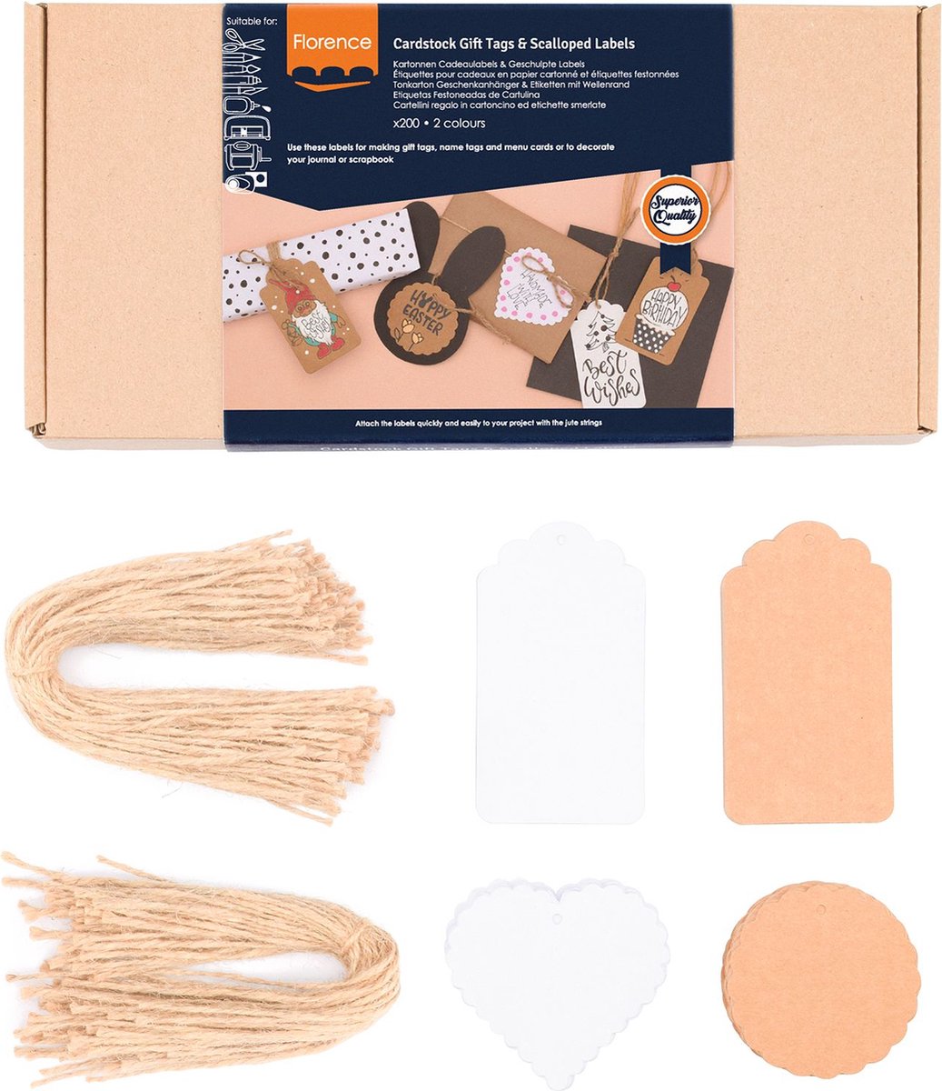 Florence Cadeaulabels - 200 Labels - Wit & Kraft - Labels Karton - met Jute Koordjes - 250g