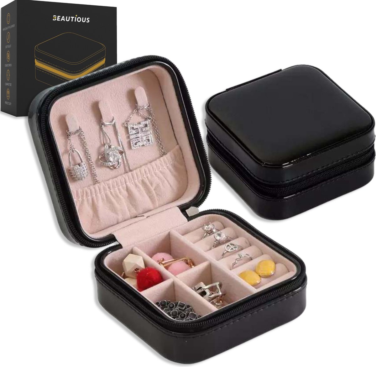 Beautious® Luxe Sieradendoos – Sieradenhouder – Juwelendoos – Krasbestendig - Ring/Oorbellen/ Ketting/Horloge - Zwart