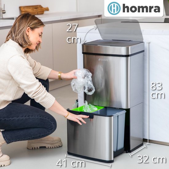 Homra Nexo Prullenbak Afvalscheiding 72 Liter - RVS Sensor Prullenbak 3 vakken - 2x12L + 48L - Recycle Afvalbak - Vuilnisbak voor huishouden en kantoor - Vuilbak keuken Afvalemmer - Automatische Soft Close Deksel - Homra
