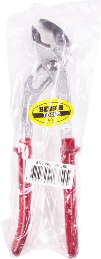 Een waterpomptang in plastic verpakking, met zilverkleurig metaal en rode handvatten.