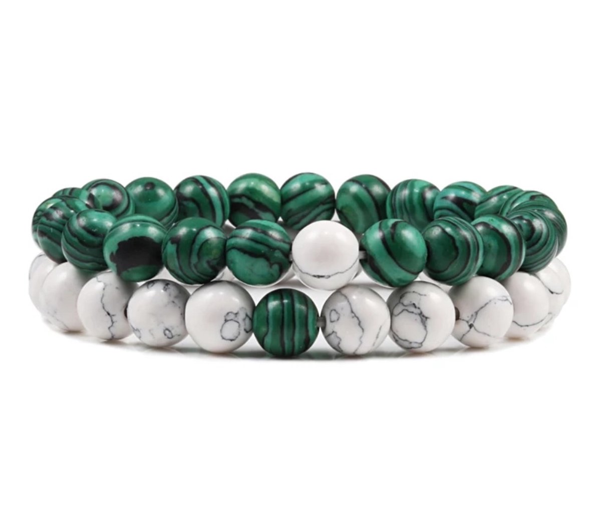 Trendy Afstand Armband | Natuursteen Koppels | Groen - Wit | Cadeau voor Hem en Haar