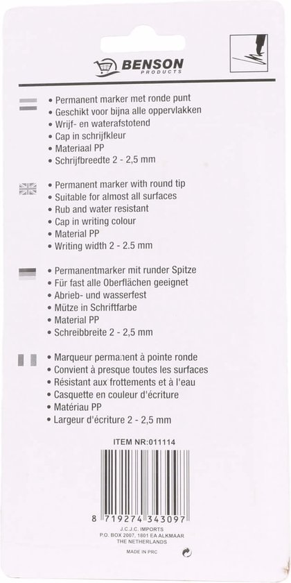 Achterkant van een verpakking met informatie over Benson permanente markers.