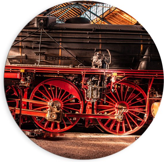 WallClassics - Dibond Muurcirkel - Zwarte Trein met rode Wielen - 90x90 cm Foto op Aluminium Muurcirkel (met ophangsysteem)