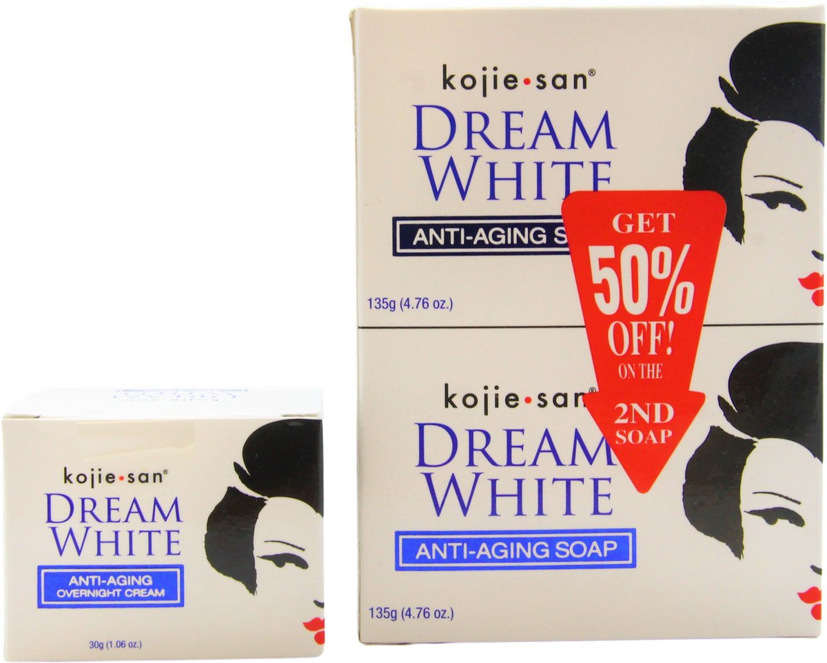 am White anti-aging nachtcrème, 30gr + Kojie San Dream White anti-aging zeep, 2 x 135