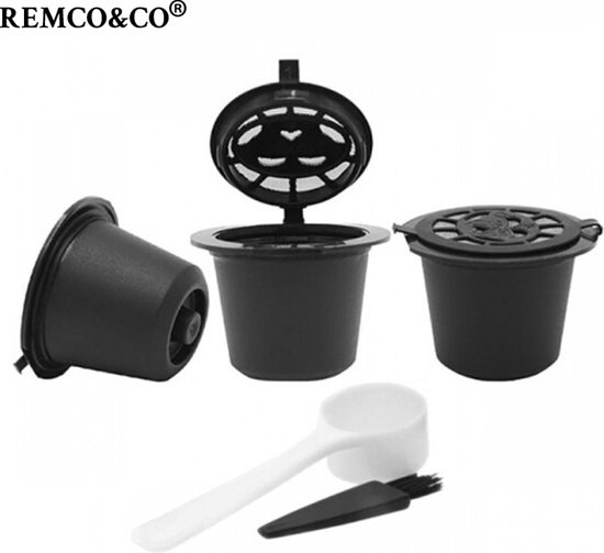 koffiecapsulefilterkop-4-stuks Hervulbare capsulefilter met een lepel en borstel voor nespresso-koffiemachines-zwart
