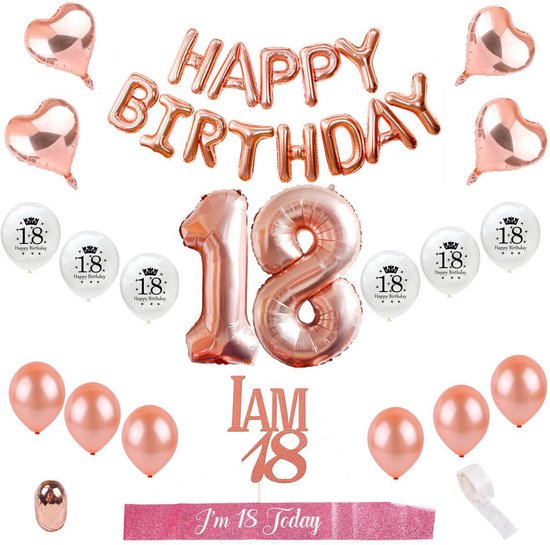 18 Jaar Verjaardag Versiering Rose Goud - Babydouche Ballonnen Slinger Rosé Gold - achttien sjerp - happy birthday - Babydouche
