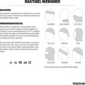Diagram met maattabel en onderhoudsinstructies voor de nekwarmer. Toont negen verschillende manieren om de nekwarmer te dragen met Nederlandse en Engelse benamingen.