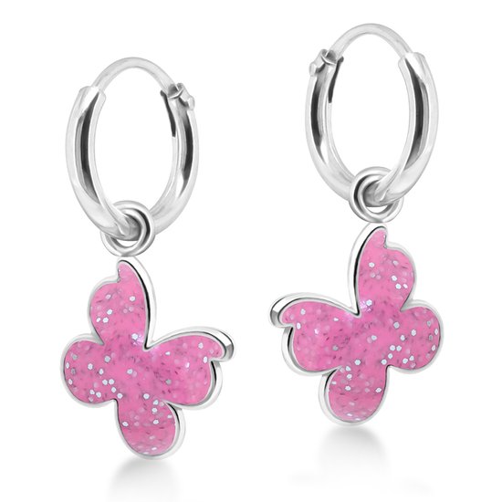 Joy|S - Zilveren vlinder bedel oorbellen - roze vlinder met glitters - oorringen