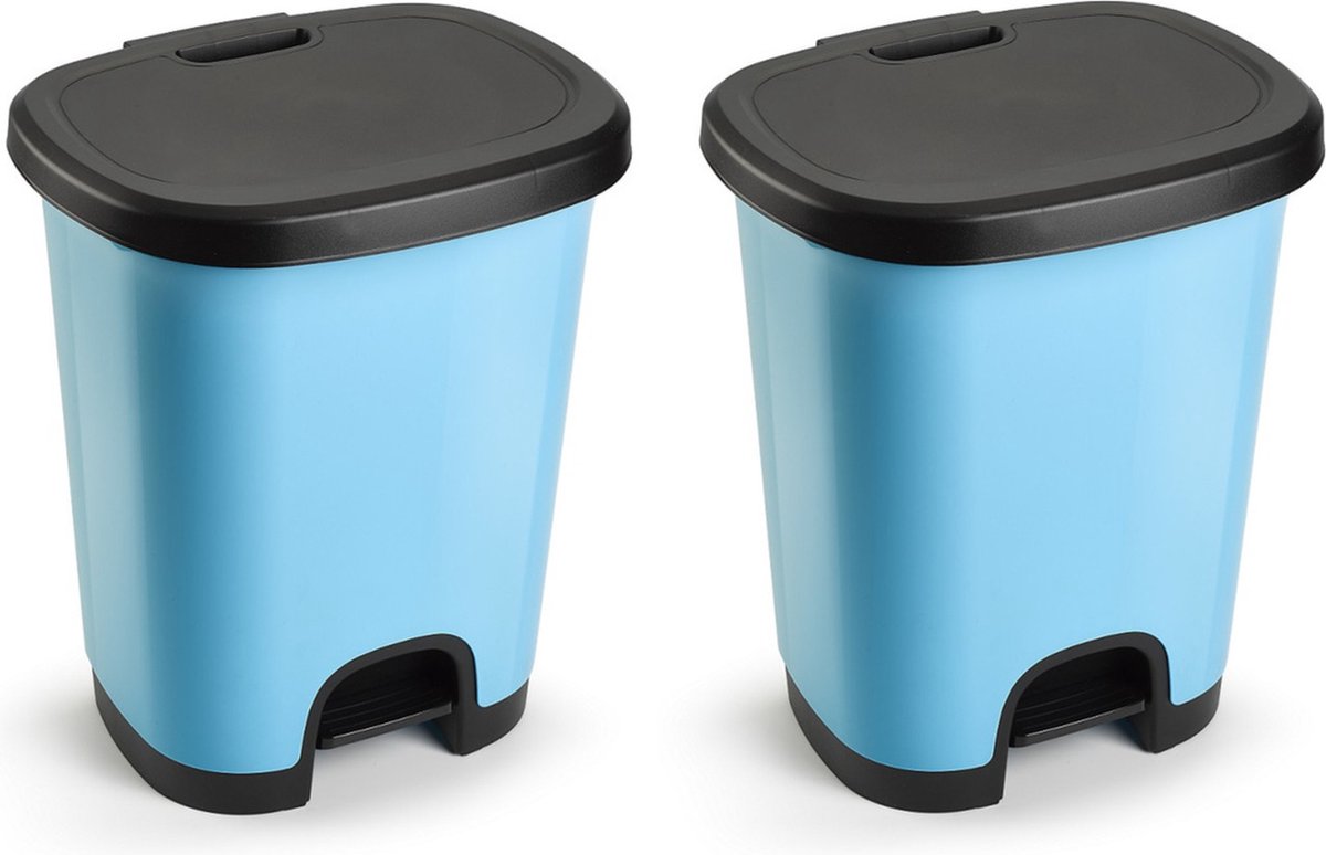 Goedkoopste Set van 2x stuks kunststof afvalemmers/vuilnisemmers/pedaalemmers in het lichtblauw/zwart van 27 liter met deksel en pedaal. 38 x 32 x 45 cm.