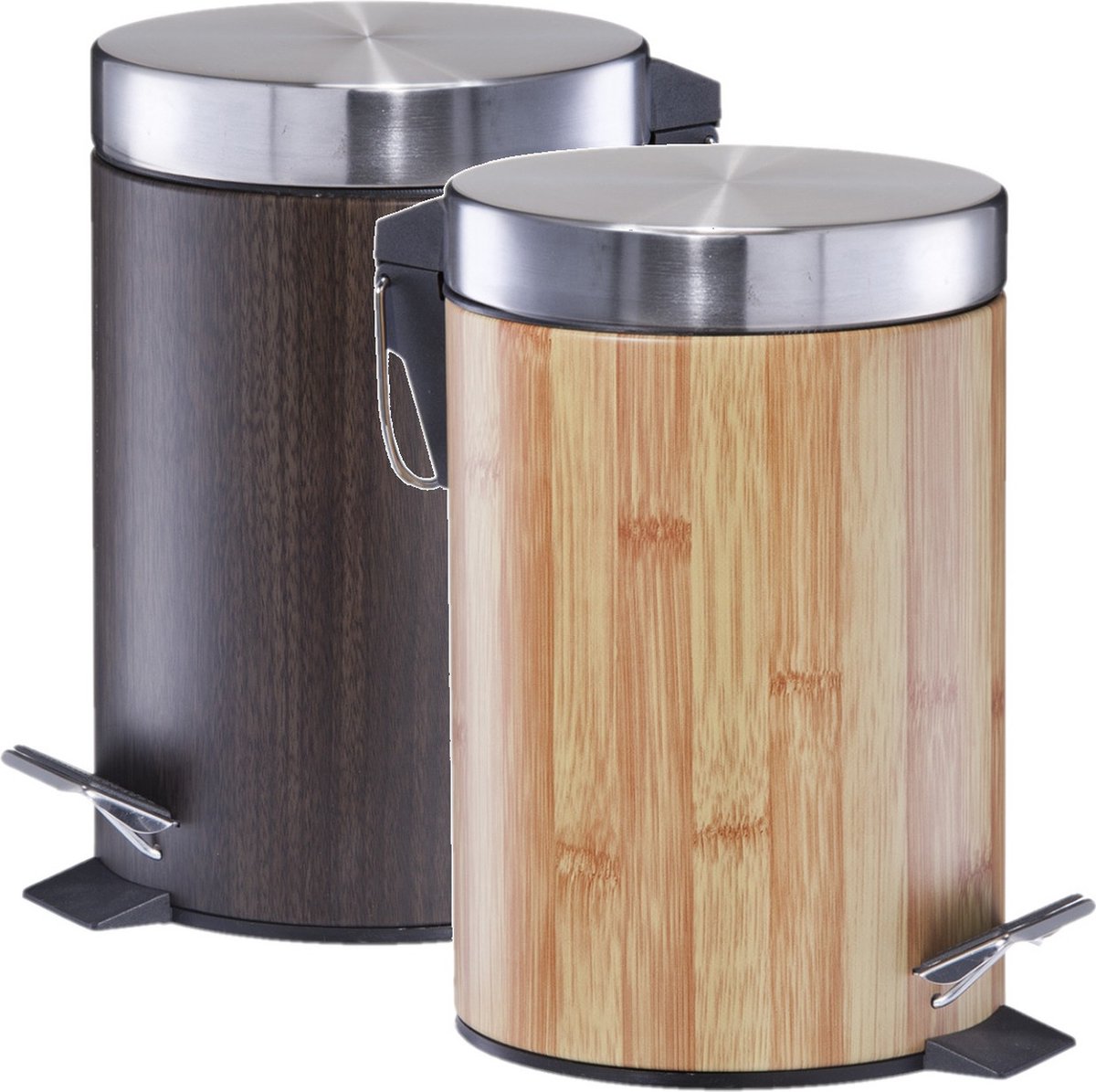 Goedkoopste 2x Houtprint vuilnisbakken/pedaalemmers/prullenbakken 3 liter bruin van 17 x 26 cm - Zeller - Badkamer/toilet accessoires