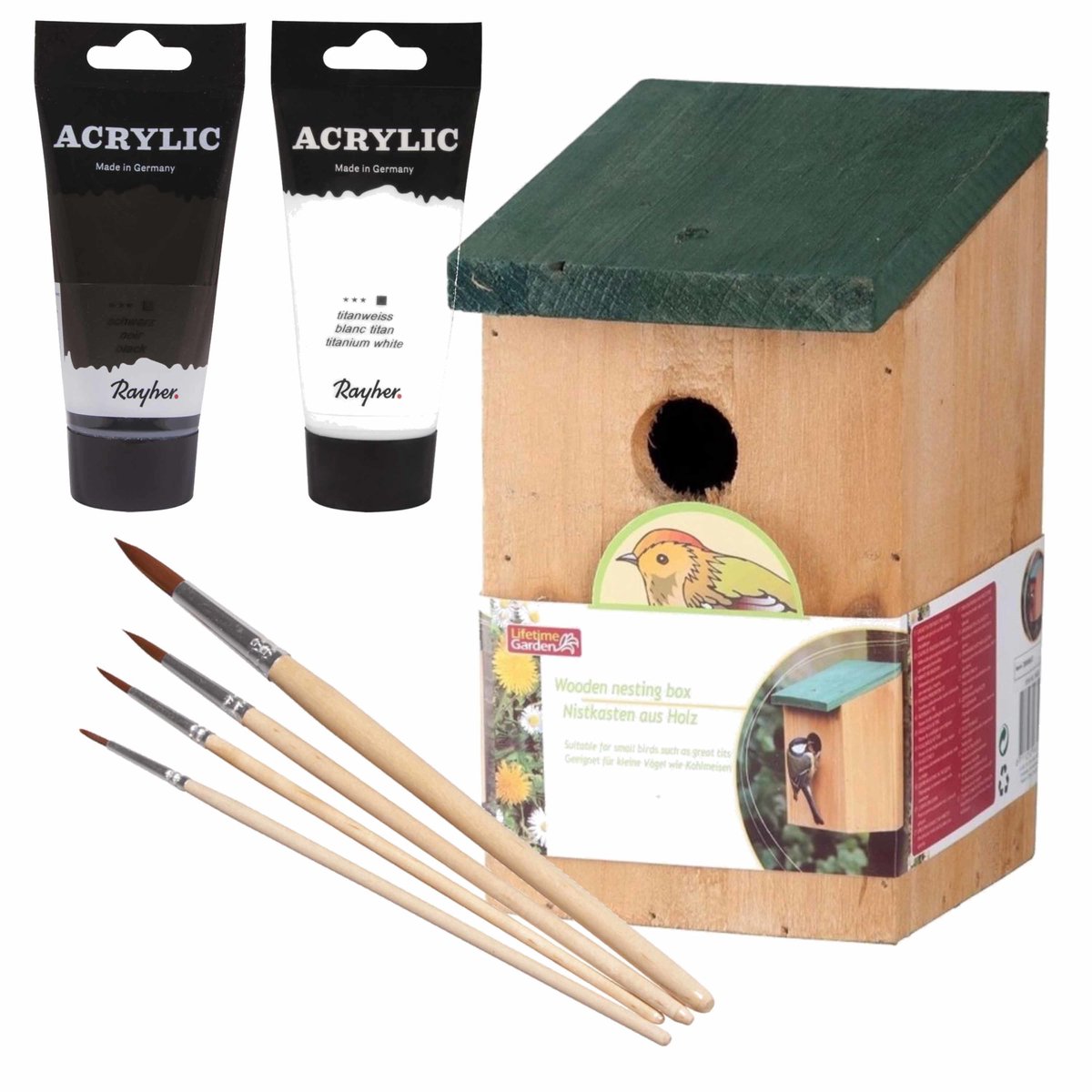 Houten vogelhuisje/nestkastje 22 cm - in het zwart/wit maken - DHZ schilderen pakket - 2x tubes verf en kwasten