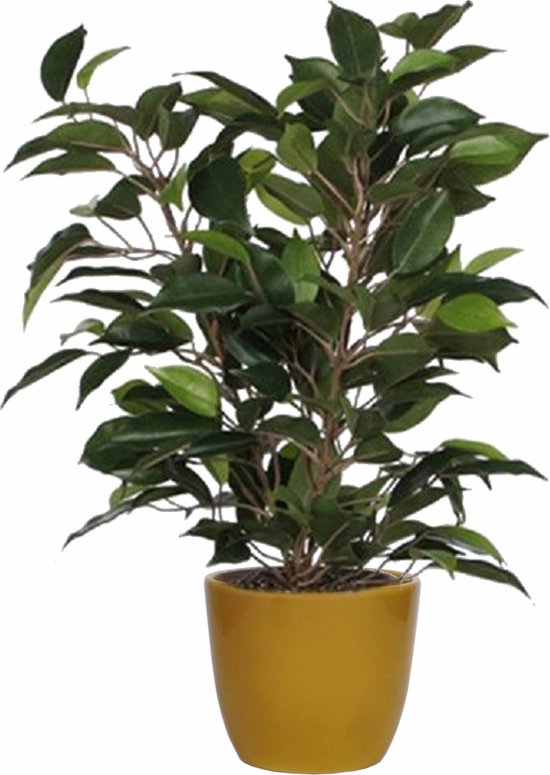 Groene ficus kunstplant 40 cm met plantenpot okergeel D13.5 en H12.5 cm