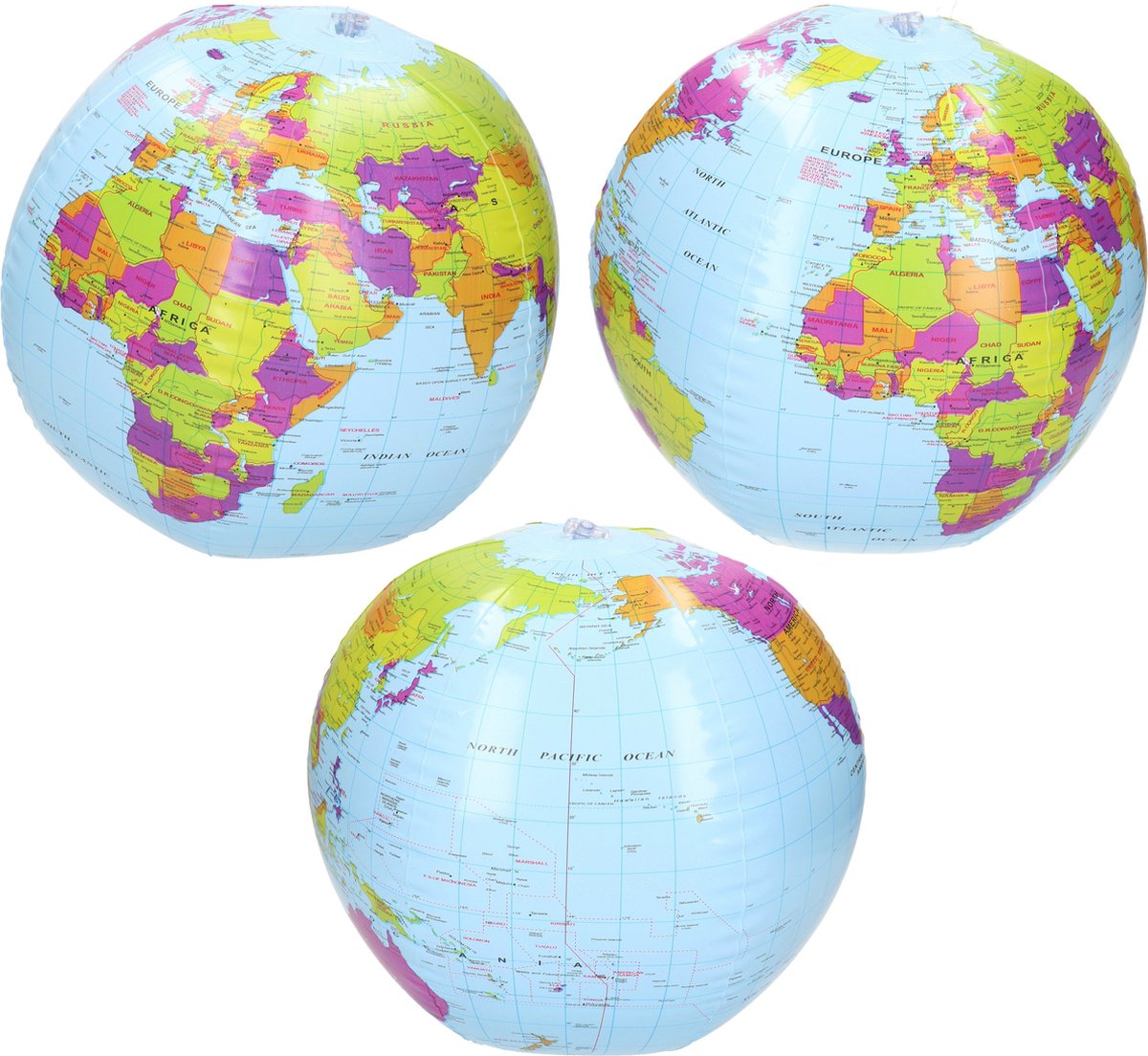 3x Opblaasbare speelgoed strandballen wereldbol 27 cm - Strandballen - Buiten speelgoed - Strand speelgoed