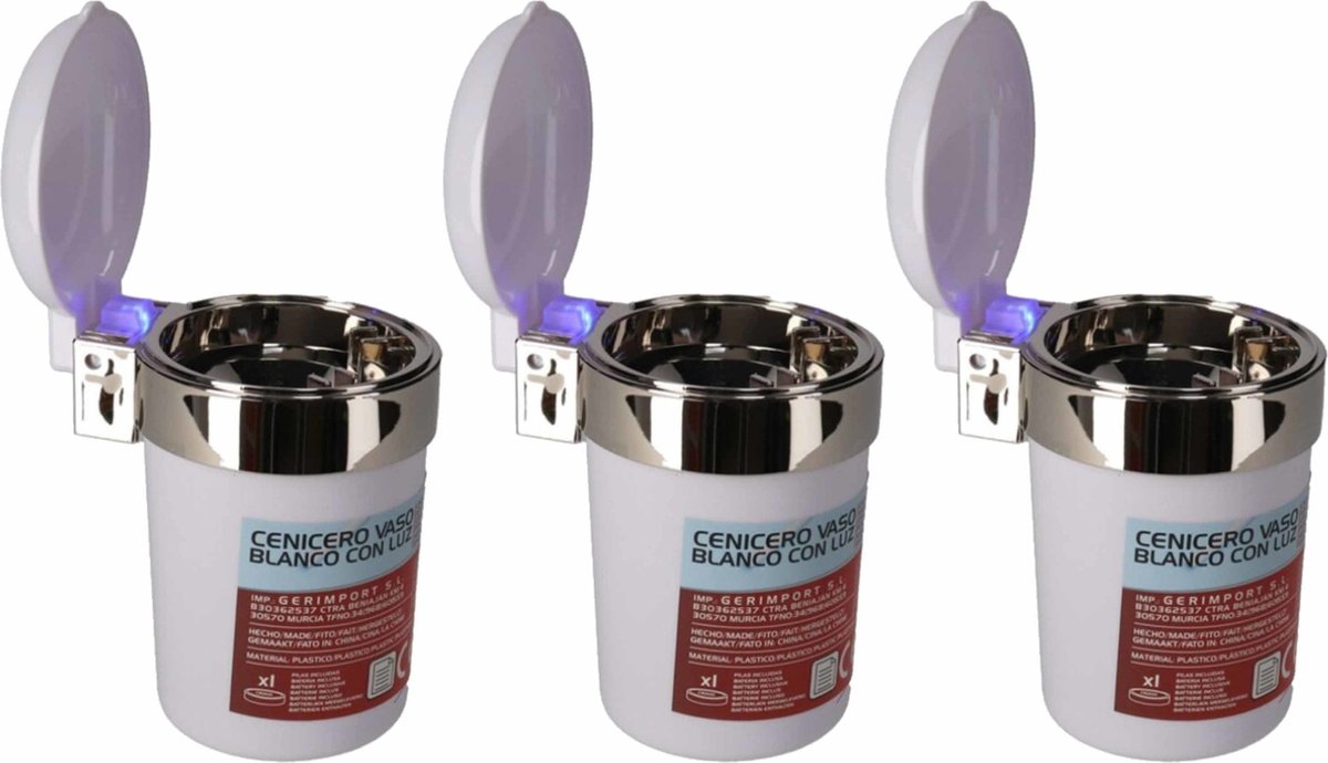 Goedkoopste 3x Auto asbakje met Led lichtje en deksel wit 11 x 9 cm - Geurvrije anti rook auto asbak