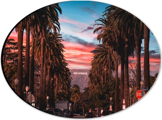 Dibond Ovaal - Los Angeles Hollywood met Palmbomen - 28x21 cm Foto op Ovaal (Met Ophangsysteem)