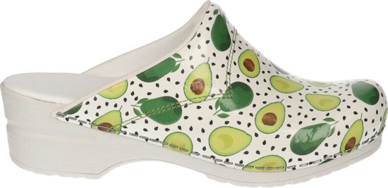 Witte Sanita klomp met avocado print en zwarte spikkels.