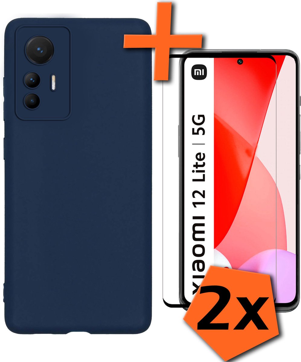 Xiaomi 12 Lite Hoesje Siliconen Case Back Cover Met 2x Screenprotector - Xiaomi 12 Lite Hoes Cover Silicone - Donker Blauw