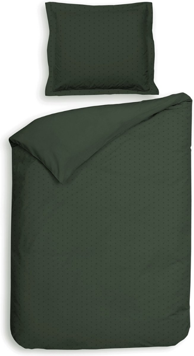 Premium luxe katoen/satijn dekbedovertrek Dots donker groen | eenpersoons (140x200/220) | zacht en hoogwaardig | subtiel glazend | oxford-rand | inclusief 1 kussensloop