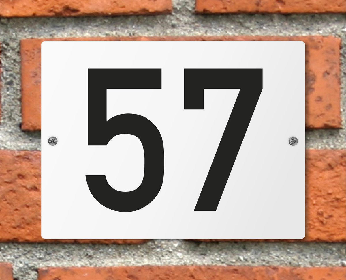Huisnummerbord wit - Nummer 57 - standaard - 16 x 12 cm - schroeven - naambord - nummerbord - voordeur