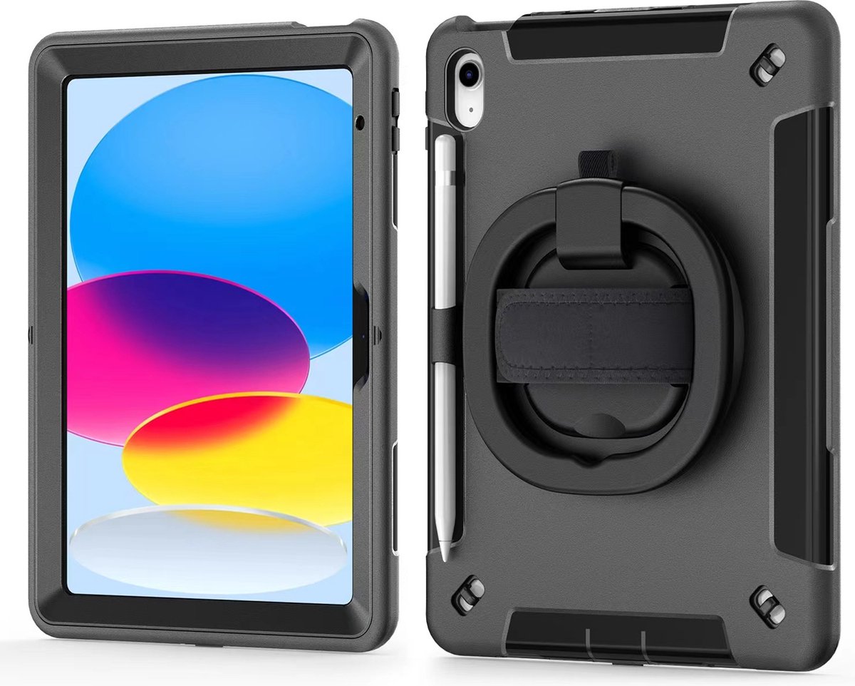 Apple iPad 2022 10.9 inch draaibare Bumper Case zwart 10th generation inclusief ingebouwde kickstand - ingebouwde screenprotector - schouderband