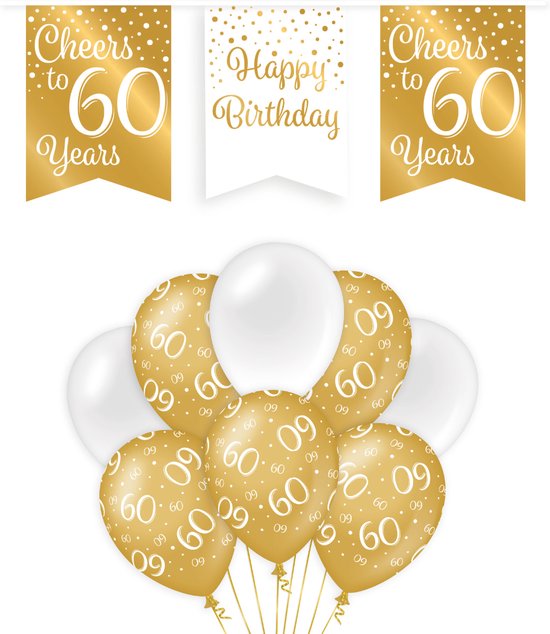 Q2P - 60 Jaar Ballon - Verjaardag Versiering - Wit & Goud - Helium
