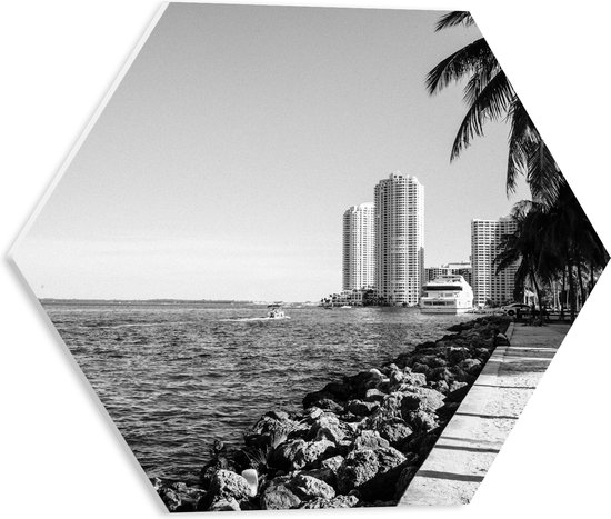 PVC Schuimplaat Hexagon - Palmbomen op het Strand met Uitzicht op Hoge Gebouwen Zwart/Wit - 40x34.8 cm Foto op Hexagon (Met Ophangsysteem)