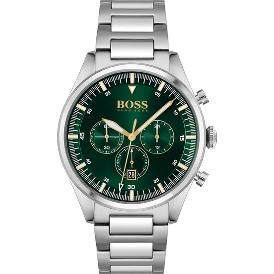 BOSS HB1513868 PIONEER Heren Horloge - Chronograaf - Mineraalglas - Roestvrijstaal - Groen/Zilverkleurig - Ø 44 mm - Quartz - Vouw/Vlindersluiting