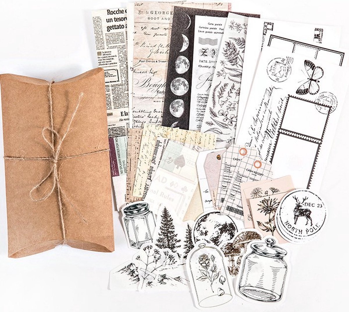 Papier en Stickerset – 6 – Set voor Bulletjournal – Scrapbook – Kaarten Maken – Vintage Papier en Stickers 30 stuks