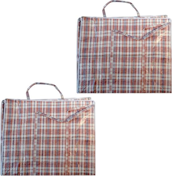 Mega grote XXL boodschappentas / dekentas - 2x - rood geruit - 65 x 30 cm - kunststof - 82 liter