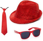 Toppers in concert - Folat - Verkleedkleding set glitter hoed/stropdas/party bril rood
