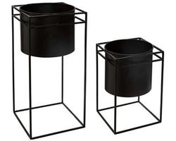 Atmosphera Plantenpotten - 2x - op metalen standaard - zwart - D16 x H25/D18 en H40 cm