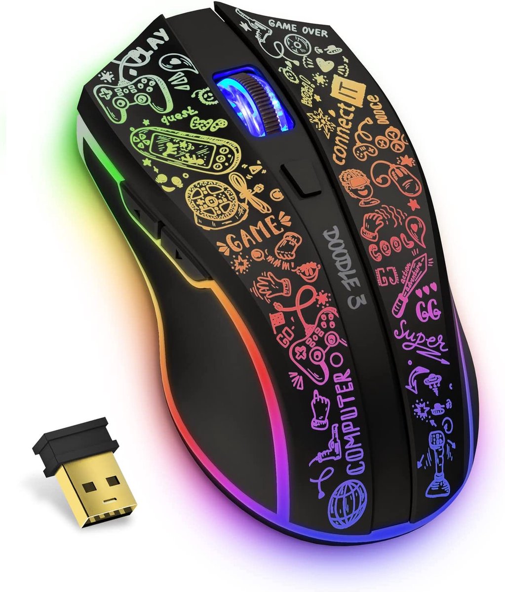 Connect IT Doodle 3 - Draadloze muis - Gaming Muis - RGB verlichting - 4800 DPI - Zwart