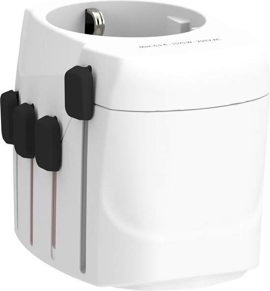 Witte SKROSS wereldstekker met de pinnen voor Europa, Amerika, Azië en Australië en de tekst 'Max. 6.3A - 1575W - 250V AC'.