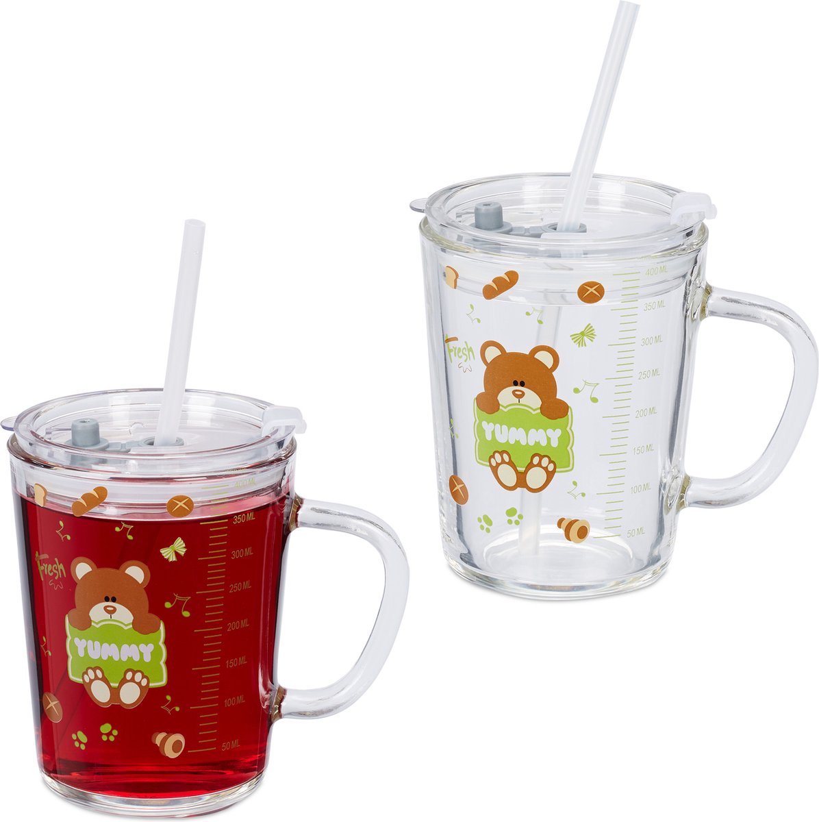 drinkglazen met rietje - set van 2 - 400 ml - beren design - kinderglazen - met handvat