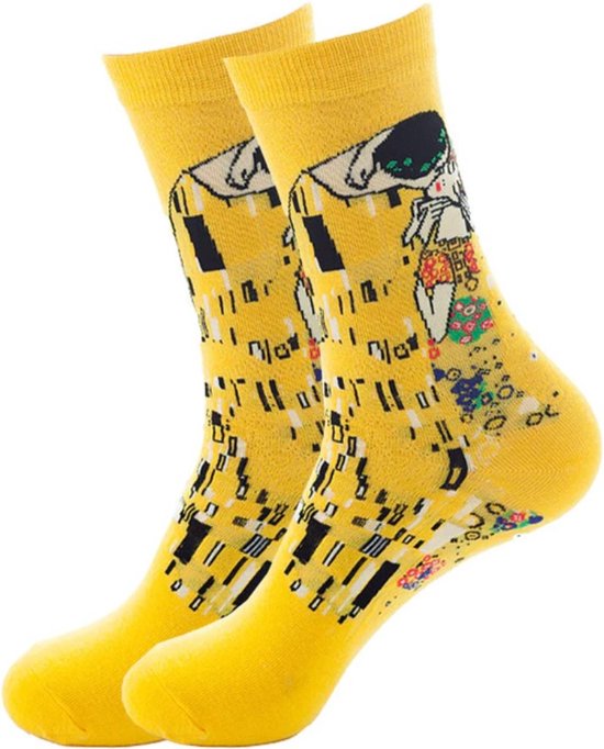 Elastische gele hoge sokken met de De Kus - Gustav Klimt - Schilderij - Maat 35 - 42 - kunstsokken - vrolijke creatieve sokken - kunst - art