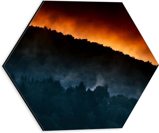 WallClassics - Dibond Hexagon - Grote Bosbrand achter Berg - 30x26.1 cm Foto op Hexagon (Met Ophangsysteem)
