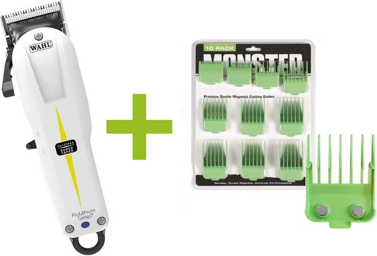 WAHL Super Taper Cordless + Monster Clippers Premium Dubbel Magnetische Opzetkammen Groen