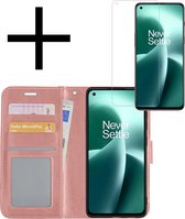 Hoes Geschikt voor OnePlus Nord 2T Hoesje Book Case Hoes Flip Cover Wallet Bookcase Met Screenprotector - Rosé goud