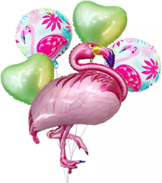 Flamingo 85cm - Ballonnenset - Verjaardag - Tropical - Hawaii - Babyshower - 5 Stuks - Folieballonnen - Helium - Decoratie - Versiering - Hartjes - Birthday