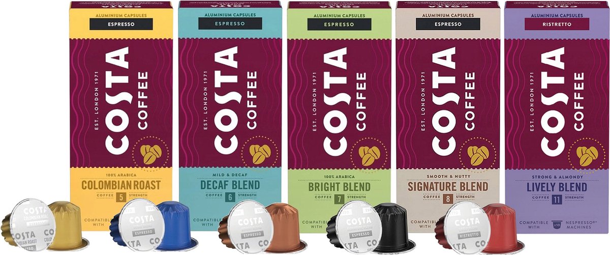 50 capsules COSTA Coffee - Colombian Roast, Decaf Blend, Bright Blend, Lively Blend, Signature Blend