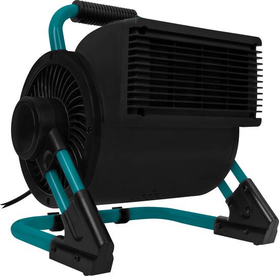 Zwarte keramische kachel met turkooizen handvat en steunen, met een groot ventilatorblad aan de voorkant.