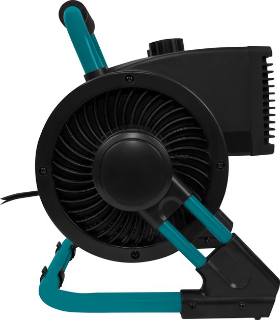 Zijprofiel van de zwarte keramische kachel met turkooizen handvat en steunen. Centraal in de kachel zit het ventilatorblad.